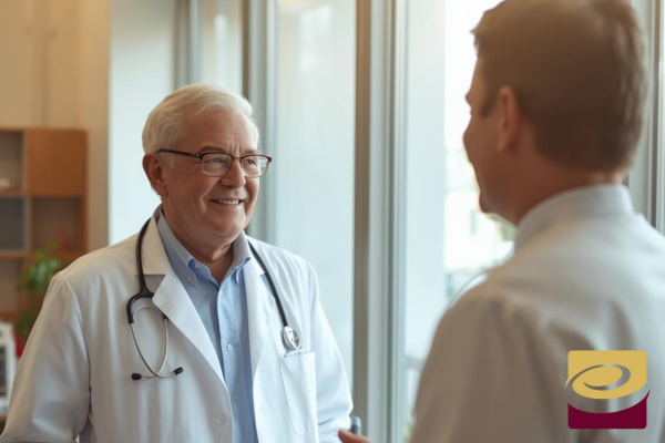 Two doctors discussing in office.